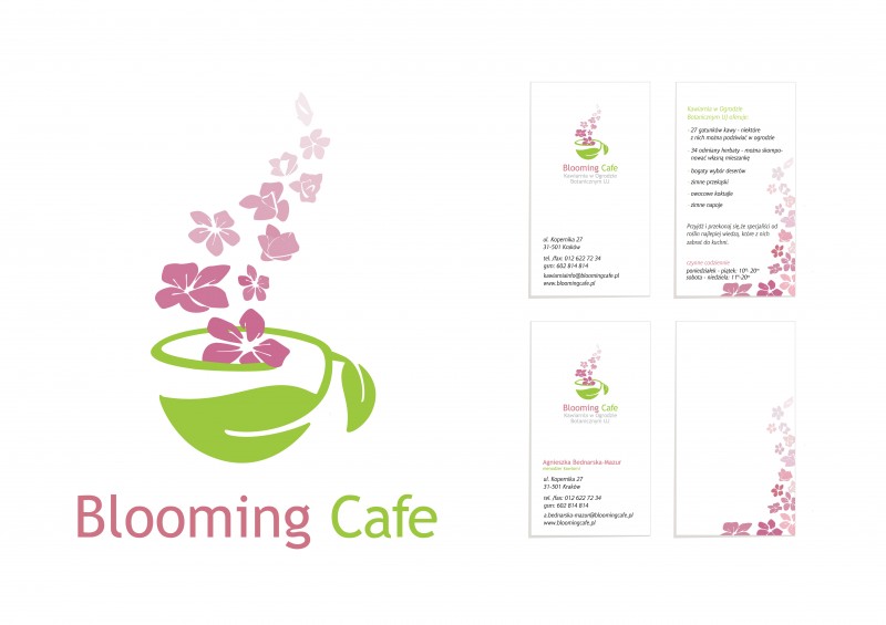 Elementy identyfikacji wizualnej kawiarni Blooming Cafe